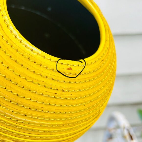 THREE Crate and Barrel Leather Spiral Wrapped Vase 6" Tall/ Wide Mustard Yellow - Picture 10 of 11